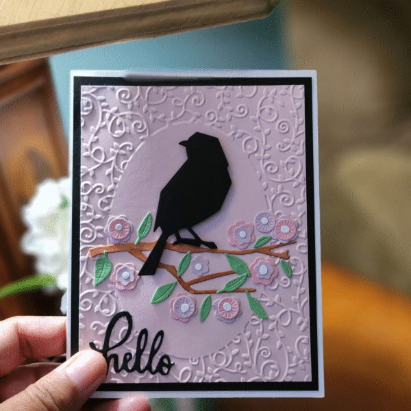 Charming Handcrafted "Hello" Card with Bird and Floral Branch