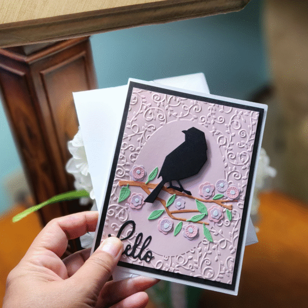 Charming Handcrafted "Hello" Card with Bird and Floral Branch