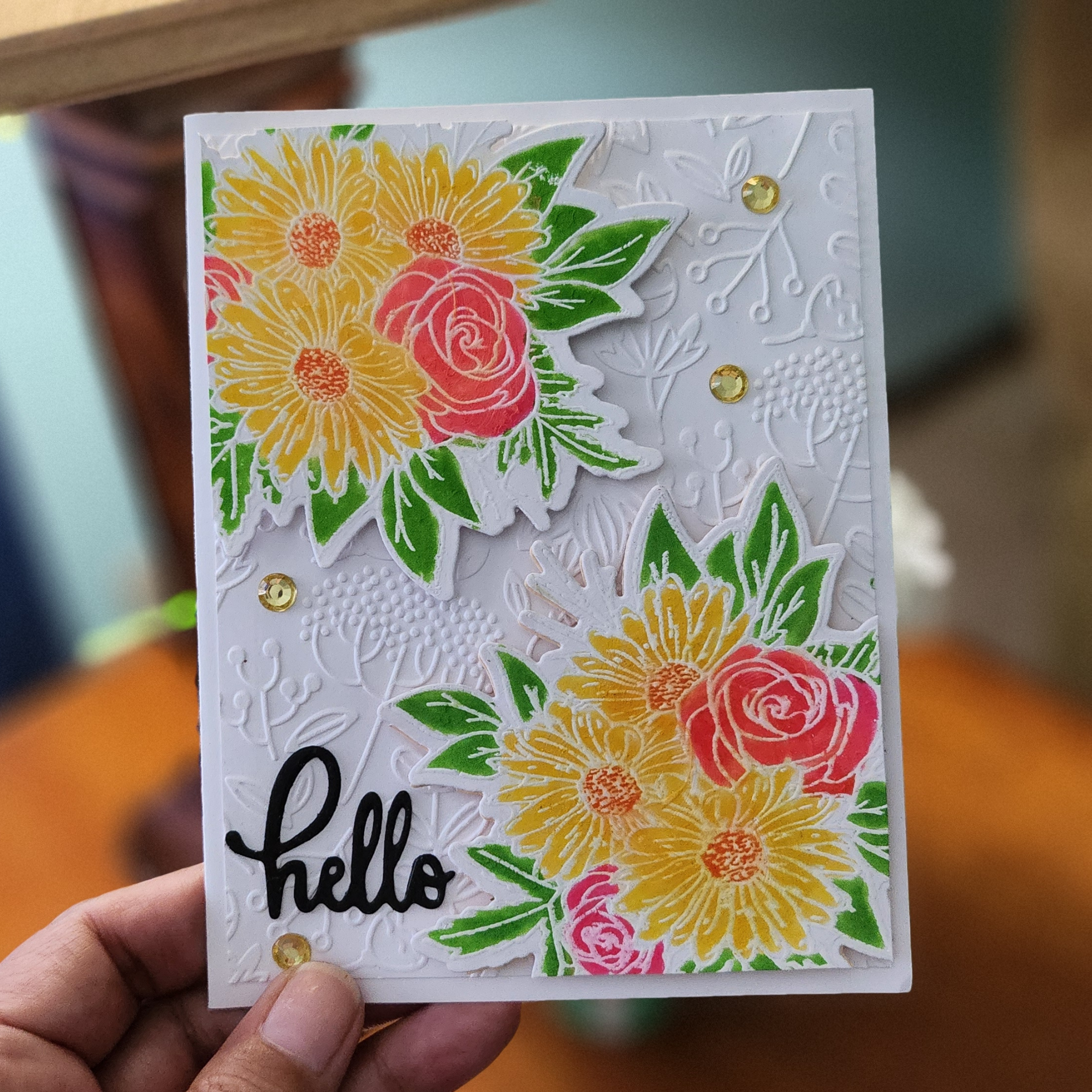 hello" card with embossed flowers & vibrant blooms