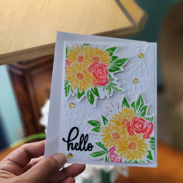 hello" card with embossed flowers & vibrant blooms