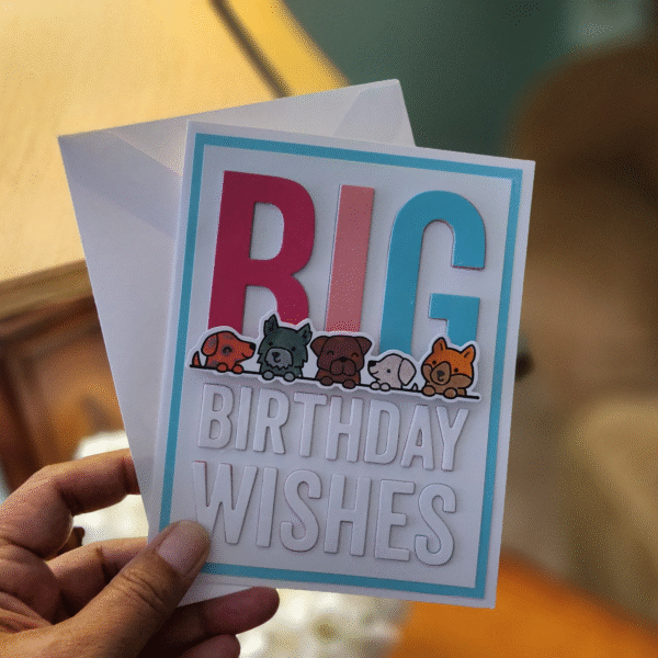 handmade 'big birthday wishes' card with adorable puppies