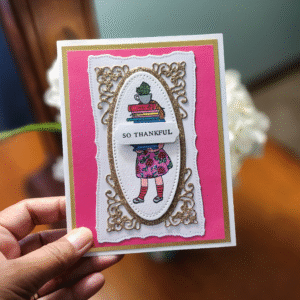 handmade 'so thankful' card with book lover character