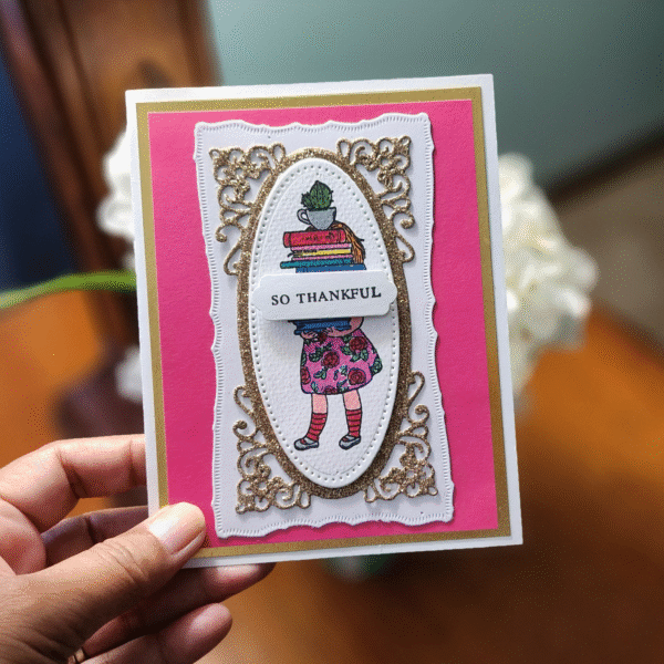 handmade 'so thankful' card with book lover character