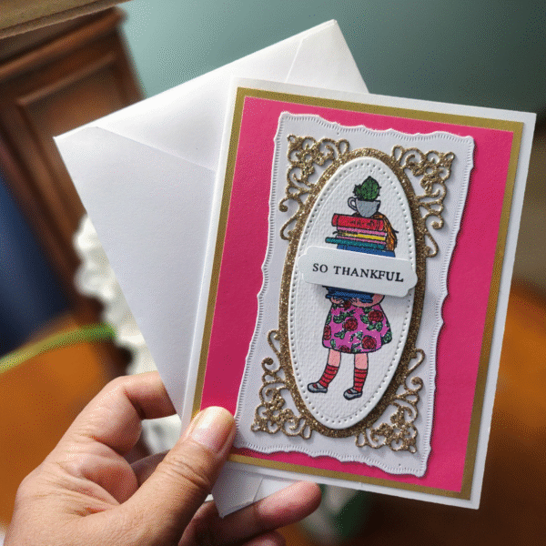 handmade 'so thankful' card with book lover character