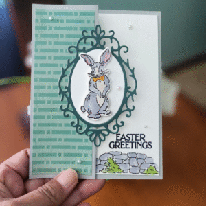 Easter Greetings" Card with Whimsical Bunny & Gatefold Design